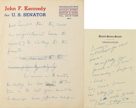 Lot #17 Sen. John F. Kennedy Inscribed Photo and (2) Handwritten Manuscripts as U.S. Senator, (1) Re-elect U.S. Senator Kennedy Oversized Decal (framed) - Image 3