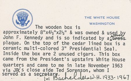 Lot #35 John F. Kennedy's Personal 1962 Cigar Box with Inlaid Presidential Seal and 2 Cigars, Official Presidential Placecard, and Matchbook Display - Image 4