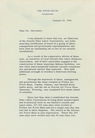 Lot #47 President John F. Kennedy 1962 Typed