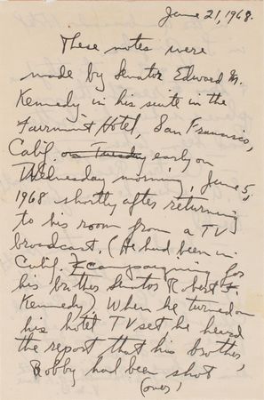 Lot #69 Ted Kennedy's Contemporaneous Notes Written After Hearing That His Brother RFK Had Been Shot, June 5, 1968 and Press Photo - Image 2