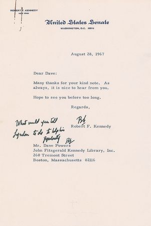 Lot #66 Robert F. Kennedy 1967 TLS to Dave Powers, Adding in Ink the Question: 