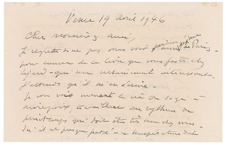 Lot #375 Henri Matisse: Matisse writes from Vence, the future site of his chapel - Image 1