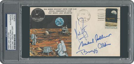 Lot #316 Apollo 11: Coveted Apollo 11 'Type 1' insurance cover, with bold pre-launch crew signatures - Image 1