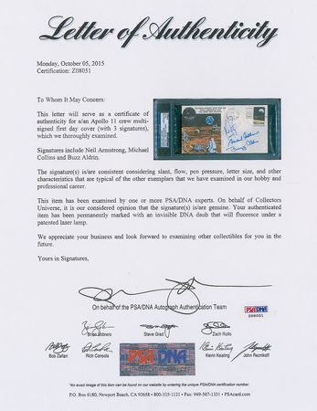 Lot #316 Apollo 11: Coveted Apollo 11 'Type 1' insurance cover, with bold pre-launch crew signatures - Image 2