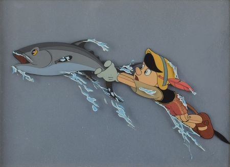 Lot #834 Pinocchio and Fish production cel from Pinocchio: Vivid cel from Pinocchio's Pleasure Island sequence - Image 1