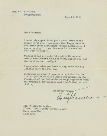 Lot #34 Harry S. Truman: Two months after firing MacArthur: 
