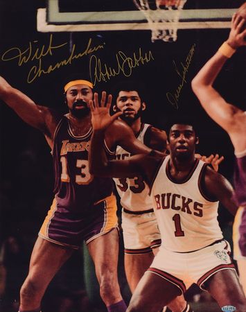 Lot #692 Wilt Chamberlain, Kareem Abdul-Jabbar, and Oscar Robertson Signed Photograph - Image 1