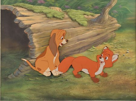 Lot #918 Tod and Copper production cel and production background from The Fox and the Hound: Disney?s adorable ?friends forever? frolic in the forest, with original background - Image 1