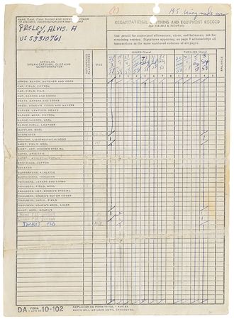 Lot #499 Elvis Presley: Army training equipment list for 