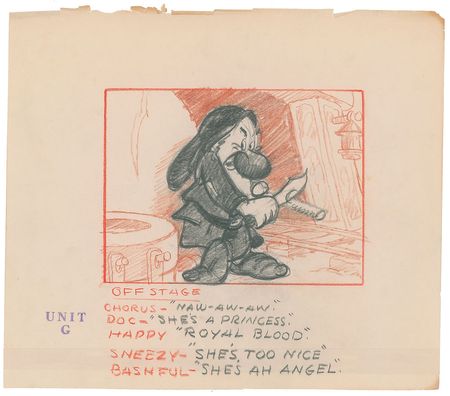 Lot #807 Grumpy production storyboard drawing from Snow White and the Seven Dwarfs Production Storyboard Drawing - Image 1
