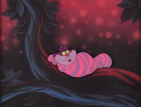 Lot #881 Cheshire Cat production cel and presentation background from Alice in Wonderland: Sought-after production cel of Wonderland's feline trickster - Image 1