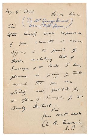 Lot #213 Charles Darwin: Darwin supports his hometown surveyor - Image 1