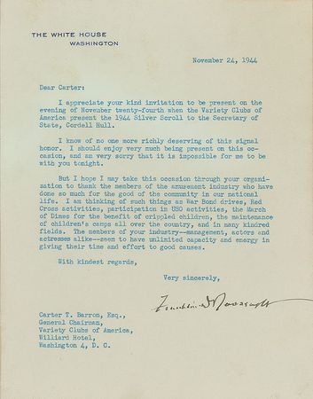 Lot #54 Franklin D. Roosevelt: FDR thanks 