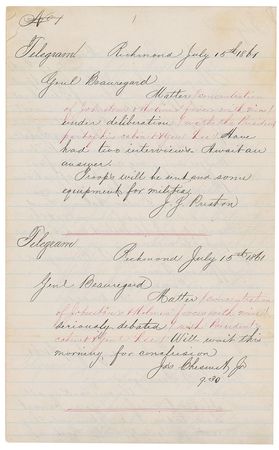 Lot #357 First Battle of Bull Run: Riveting telegram archive detailing the Confederate strategy during the First Battle of Bull Run?