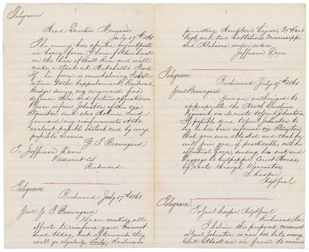Lot #357 First Battle of Bull Run: Riveting telegram archive detailing the Confederate strategy during the First Battle of Bull Run?