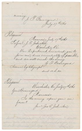 Lot #357 First Battle of Bull Run: Riveting telegram archive detailing the Confederate strategy during the First Battle of Bull Run?