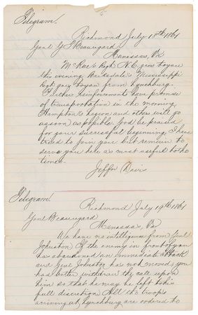 Lot #357 First Battle of Bull Run: Riveting telegram archive detailing the Confederate strategy during the First Battle of Bull Run?