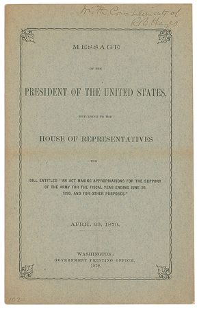 Lot #22 Rutherford B. Hayes: President Hayes's veto of the 