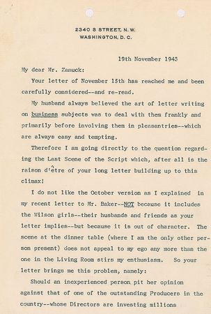 Lot #186 Edith Bolling Wilson: Detailed letter to Zanuck on script changes for her husband's forthcoming biopic - Image 1