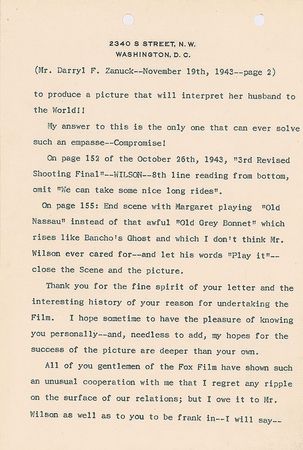 Lot #186 Edith Bolling Wilson: Detailed letter to Zanuck on script changes for her husband's forthcoming biopic - Image 2