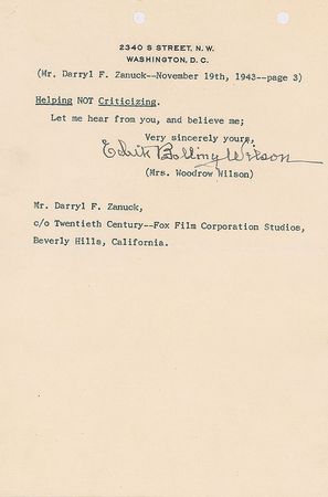 Lot #186 Edith Bolling Wilson: Detailed letter to Zanuck on script changes for her husband's forthcoming biopic - Image 3