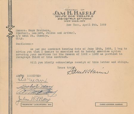 Lot #746 Marx Brothers: Using their legal names, the Marx Bros. sign on for the season of 1929-1930 - Image 2
