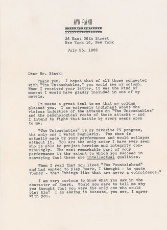 Lot #591 Ayn Rand: On 'The Untouchables' and a 'Fountainhead' TV special: 