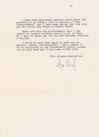 Lot #591 Ayn Rand: On 'The Untouchables' and a 'Fountainhead' TV special: 
