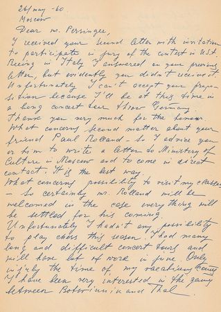 Lot #616 David Oistrakh Handwritten Letter Signed - Image 1