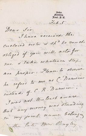 Lot #214 Charles Darwin: Denying a claim to money from an estate: 