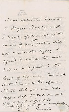 Lot #214 Charles Darwin: Denying a claim to money from an estate: 