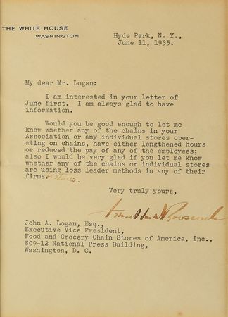Lot #82 Three Presidents: FDR, Truman, and Ike thank a National Association of Food Chains executive: 