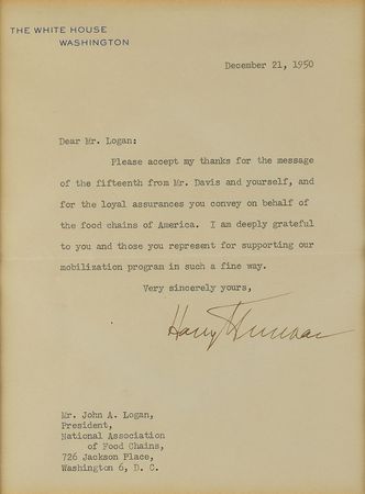 Lot #82 Three Presidents: FDR, Truman, and Ike thank a National Association of Food Chains executive: 