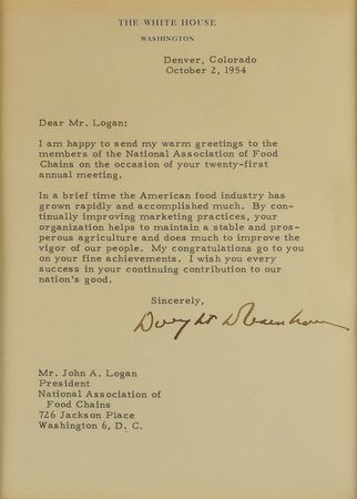 Lot #82 Three Presidents: FDR, Truman, and Ike thank a National Association of Food Chains executive: 