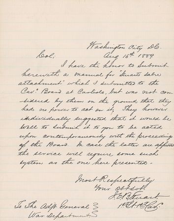 Lot #361 J. E. B. Stuart: Inventor and cavalry commander, Stuart forwards a manual for his 'sabre attachment,' with included original brass-and-leather sword hanger - Image 1