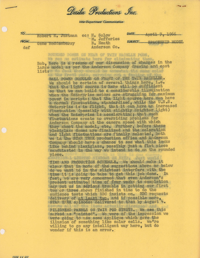 Lot 745 Star Trek: Gene Roddenberry: Designing the Starfleet's ship in 1966: 