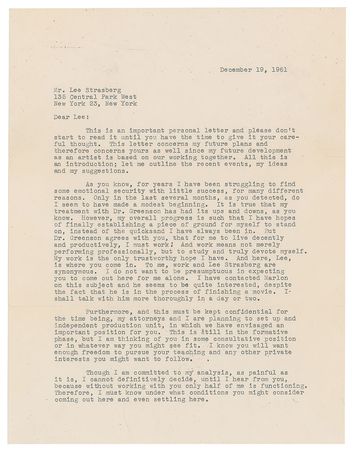 Lot #733 Marilyn Monroe: Desperate letter from Monroe to Lee Strasberg?