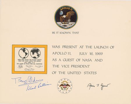 Lot #354 Buzz Aldrin and Michael Collins: Uncommon guest certificate for the Apollo 11 launch, signed by Aldrin and Collins - Image 1