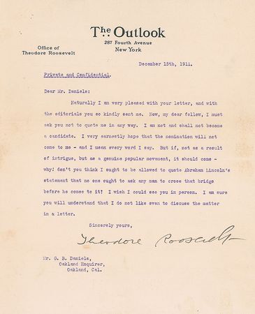 Lot #34 Theodore Roosevelt: Preceding his 'Bull Moose' run: 