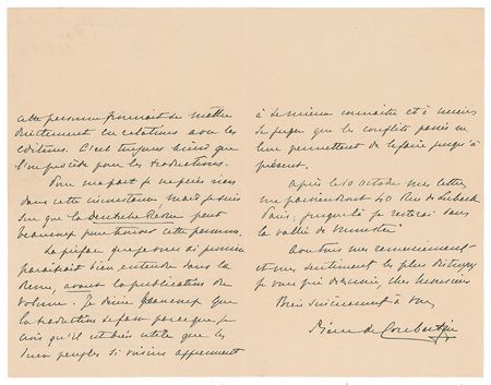 Lot #874 Pierre de Coubertin Handwritten Letter Signed - Image 2