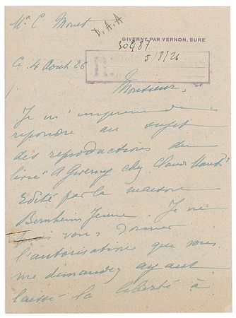 Lot #426 Claude Monet: Monet informs a champion of artist rights that he has sold a painting at auction— 