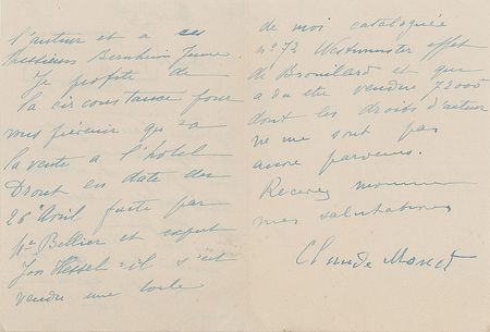 Lot #426 Claude Monet: Monet informs a champion of artist rights that he has sold a painting at auction— 