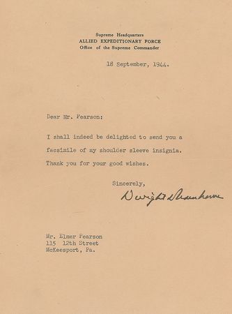 Lot #85 Dwight D. Eisenhower: General Eisenhower forwards a facsimile of his shoulder sleeve insignia - Image 1