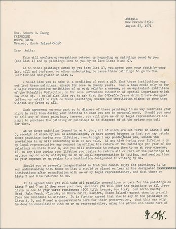 Lot #427 Georgia O'Keeffe: O’Keeffe’s lengthy legalese regarding “paintings owned by [and] lent to” her sister - Image 1