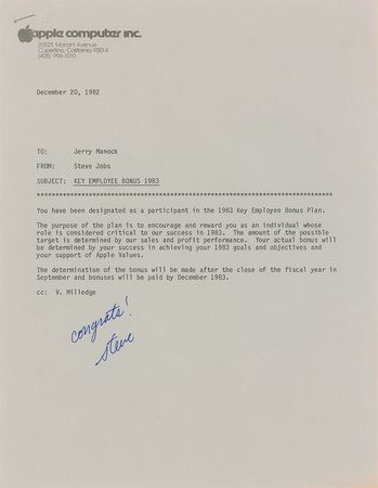 Lot #6009 Steve Jobs Signed Apple Bonus Memo