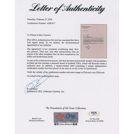 Lot #6009 Steve Jobs Signed Apple Bonus Memo - Image 2