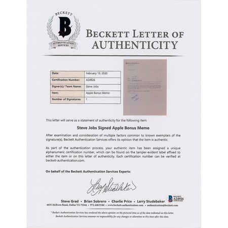 Lot #6009 Steve Jobs Signed Apple Bonus Memo - Image 3