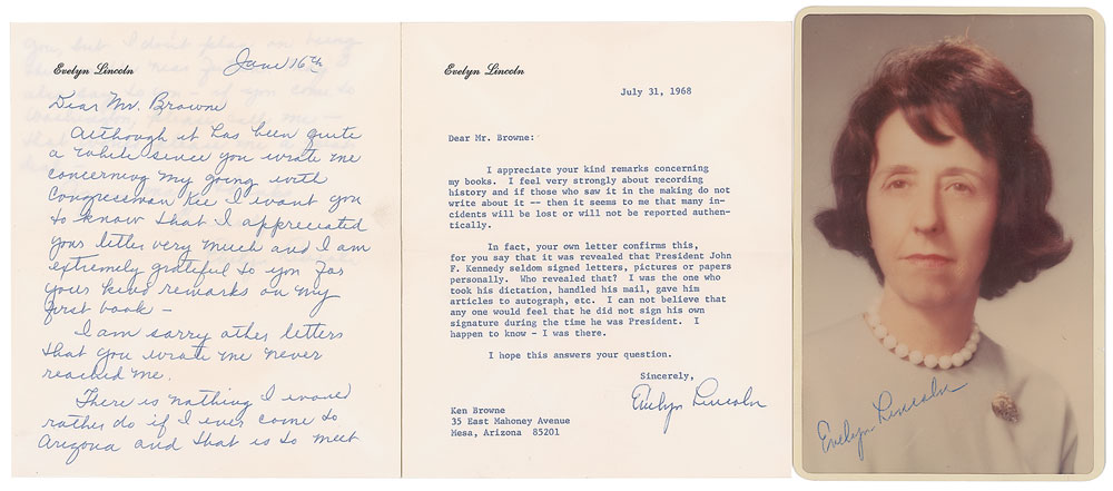 Lot 143 John F. Kennedy: Evelyn Lincoln: On JFK's signing habits: 