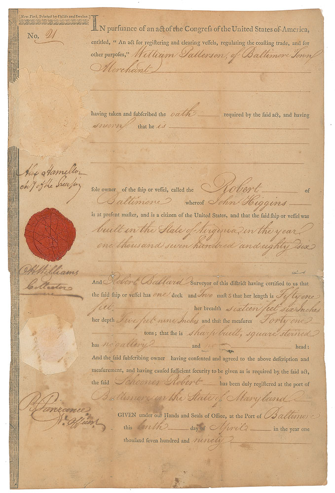 Lot 198 Alexander Hamilton: Baltimore merchant's vessel registered by 