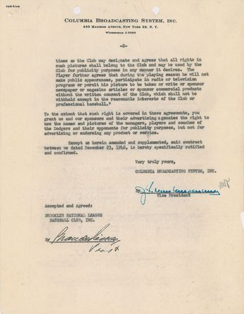 Lot #718 Branch Rickey Signed Document - Image 1
